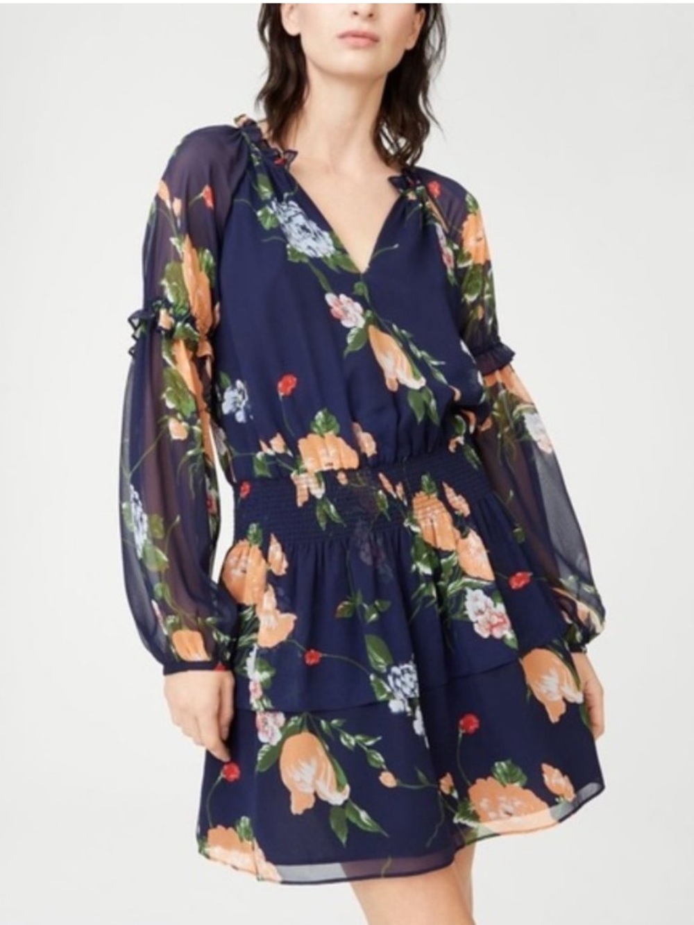 Club Monaco Abbygail Silk Floral Bishop Sleeves Blue Drop Waist Mini Dress sz 2